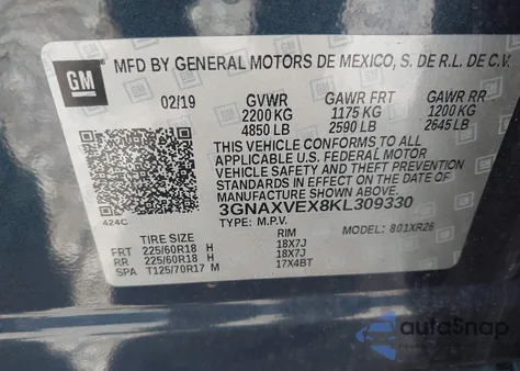 2019 Chevrolet Equinox Lt from USA, damaged, VIN 3GNAXVEX8KL309330